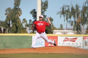 Jarret Martin As He Throws a Pitch for Hit King. Photo by Steve Sitter.