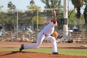 Peyton Lobdell in throwing motion in his team's no-hit effort. Photo by Steve Sitter
