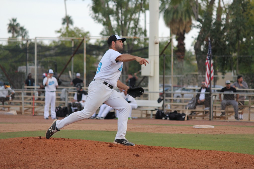 Tyler Eichhorst in Throwing Motion for Palm Springs Chill. Photo by Steve Sitter