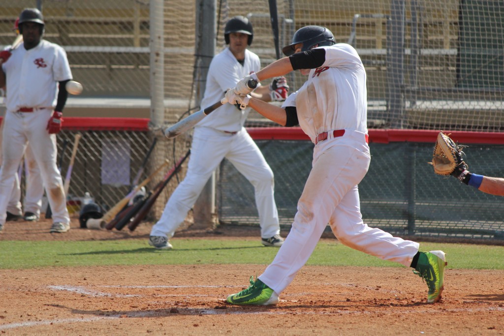 Marty Windisch homers against the Alberta Grizzly on February 7, 2017. Photo by Steve Sitter